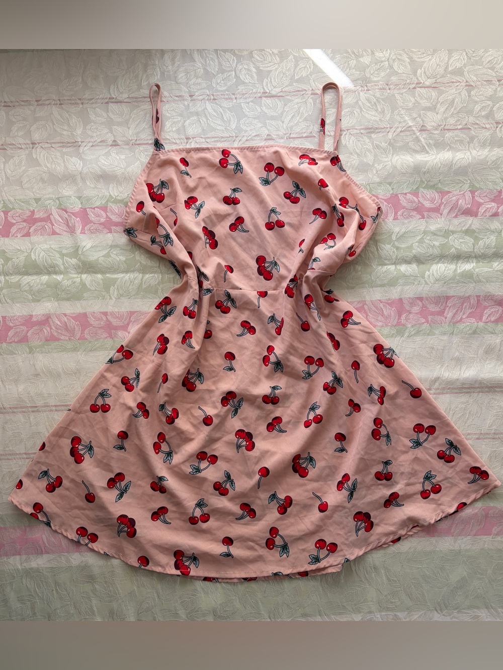 Pink Cherry Print Spaghetti-Strap Dress